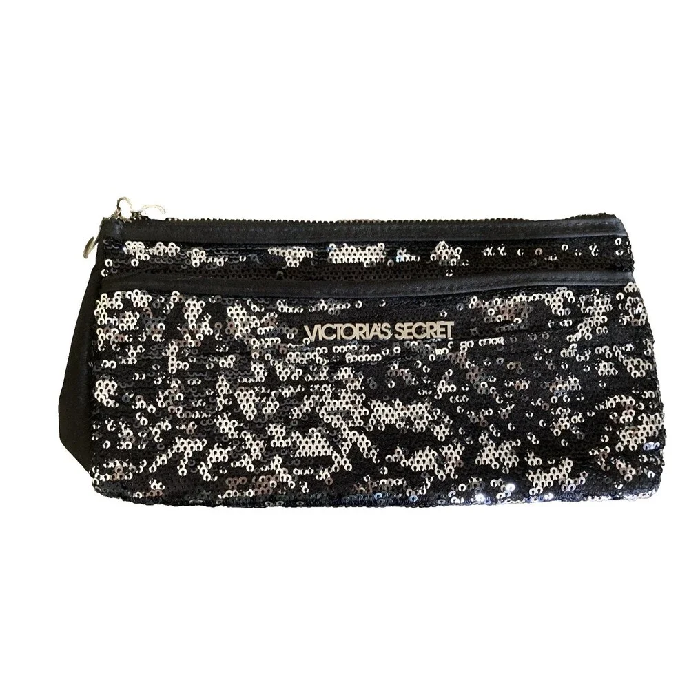 Victoria's Secret Black Sequin Clutch Purse Make Up Bag Zip up Silver Accents